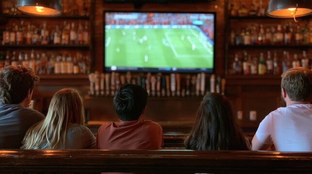 Group of four young adults watching soccer game on television in bar