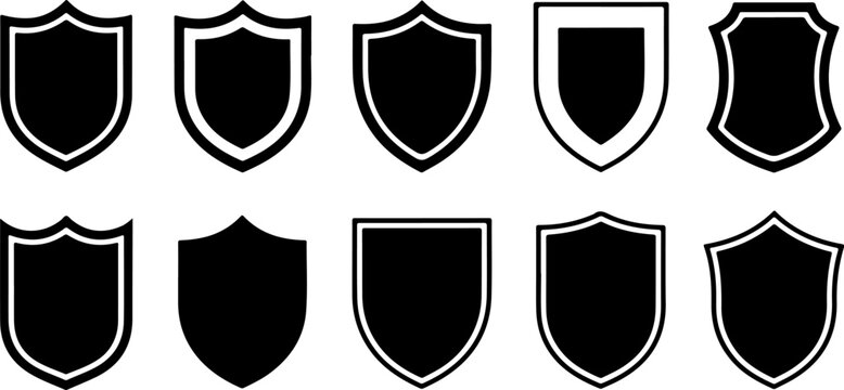 A set of ten different decorative shield icons presented in a clean flat black style