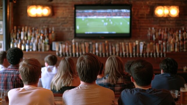 Group of friends watching live soccer game on television in bar