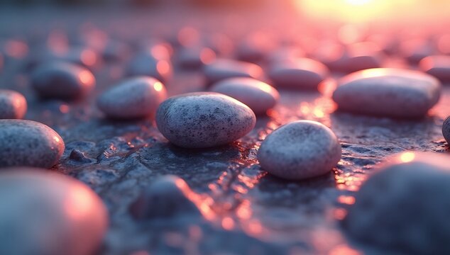 Close-up of smooth pebbles on wet sand at sunset with warm light.