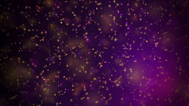 Vibrant purple background with colorful confetti and golden sparkles everywhere