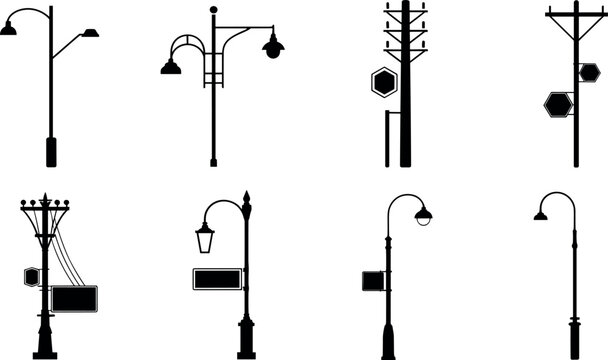 Urban street light and utility pole silhouette vector set, city lighting, electrical poles, signage elements and infrastructure icons for modern design projects