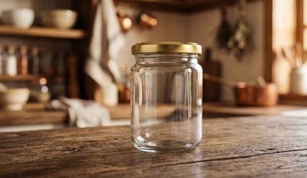 Blank clear glass jar mockup with gold lid on wooden counter