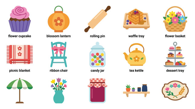 A charming collection of whimsical illustrations depicting items associated with picnics, tea parties, and outdoor gatherings, featuring a cupcake, lantern, rolling pin, and more.
