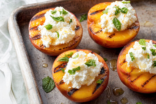 Grilled peach halves topped with creamy ricotta cheese, fresh mint leaves, and a drizzle of honey served on a rustic metal baking sheet for a healthy summer dessert.