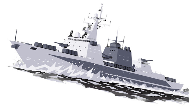 Black and white graphic design of a military stealth frigate battleship on the ocean.