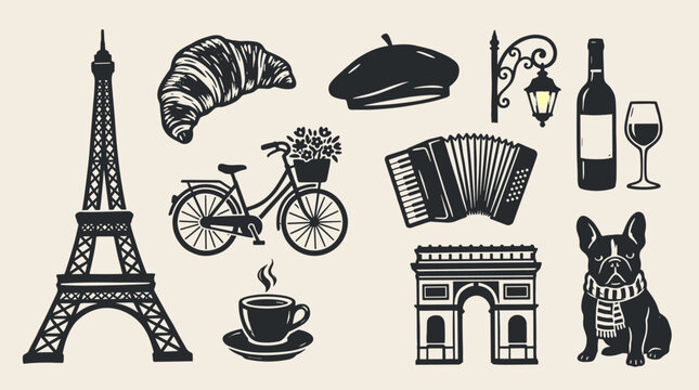 Parisian icon set in linocut style including Eiffel tower, croissant, and bulldog, isolated on cream background