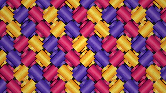 Colorful woven pattern of interlocking purple, pink, and yellow cylindrical beads on a white background.