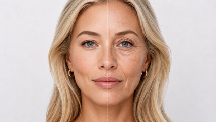 Fototapeta premium Beauty aging correction concept with blonde blue eyed Caucasian woman, cosmetic skincare comparison, wrinkle smoothing, SPF protection, UV exposure and photoaging treatment. Cosmetology advertising