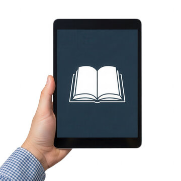 Digital ebook reader tablet held by hand, electronic library book icon on screen, mobile online education and distance learning concept