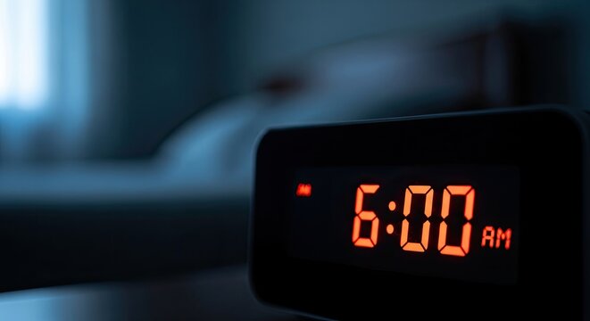 Digital alarm clock displaying 6 -00 AM in a dark bedroom.