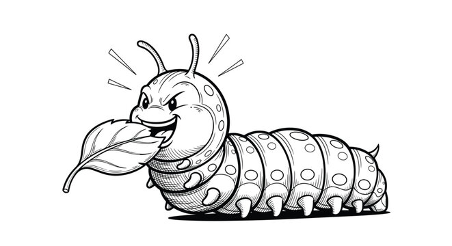 Detailed black and white engraving of a hungry caterpillar munching on a leaf showing texture and patterns on its segmented body.
