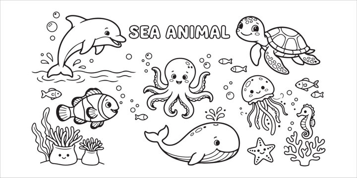 Sea animal cartoon illustrations with dolphin fish turtle octopus and whale  ocean creatures