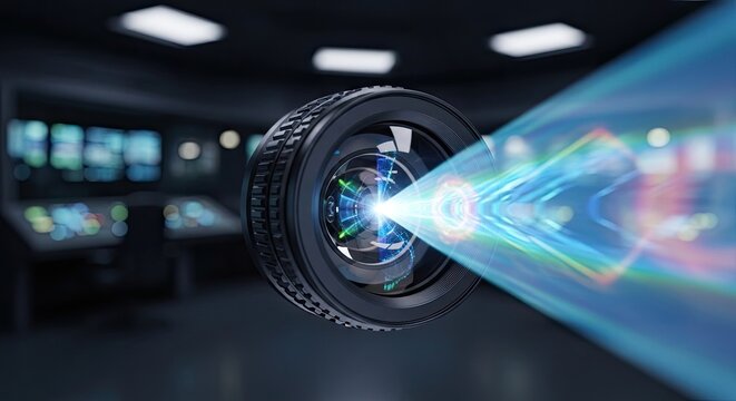 Advanced Camera Lens Capturing Digital Data Stream in Control Room.