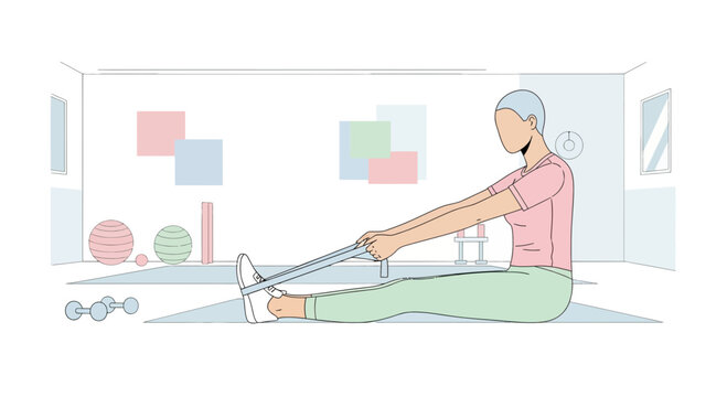 Woman stretching hamstrings with resistance band at home gym
