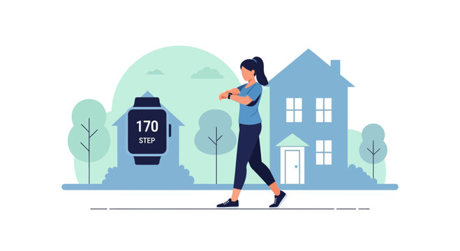 Woman walking outdoors with smartwatch tracking steps, healthy lifestyle concept