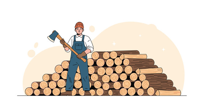Determined lumberjack wearing overalls and a beanie standing with an axe in front of a large stack of chopped wood logs.