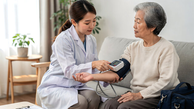 Professional nurse or doctor using a digital blood pressure monitor to check blood pressure of an elderly Asian woman at home during a medical visit, Home healthcare. 