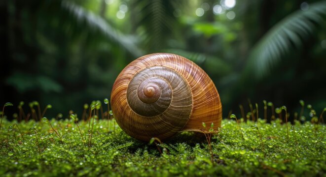 Empty Snail Shell Resting on Vibrant Green Moss in a Lush Forest.