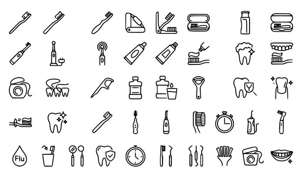 Toothbrush icons vector thin line oral hygiene dental care set