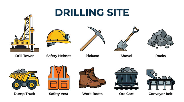 Drilling Site Equipment and Safety Gear with Mining Tools and Machinery