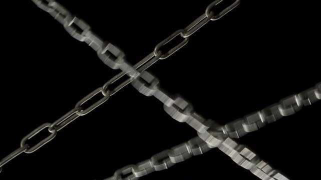 Several metal chains get tension on a black background