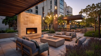 Fototapeta premium Modern Outdoor Patio Lounge Area with Stone Fireplace at Twilight.