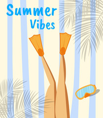Summer Vibes Banner with Girl in Flippers, Beach Towel and Tropical Palm Shadows © Оксана Бойкова