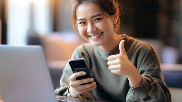 Young woman using smartphone and laptop while recommending online booking application for hotels and places to stay during vacation, pointing at mobile phone screen with,travel technology concept.
