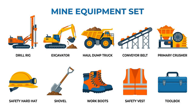 Mine Equipment Collection with Drill Rig Excavator Dump Truck Conveyor Crusher and Safety Gear
