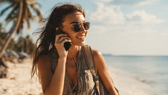 Smiling woman in casual clothing speaking on smartphone during a beach walk, digital nomad freelancer having an international business conversation remote meeting while traveling, work balance concept