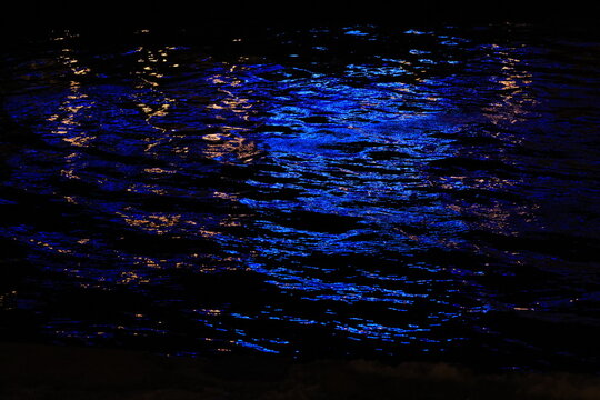 夜の水面に映る青い光