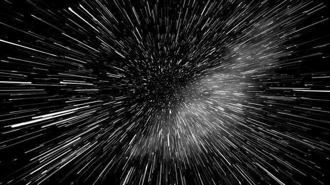 Abstract space warp effect with white light streaks on black background.