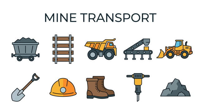 Mine Transport Vehicles and Mining Equipment Symbols for Industrial Extraction