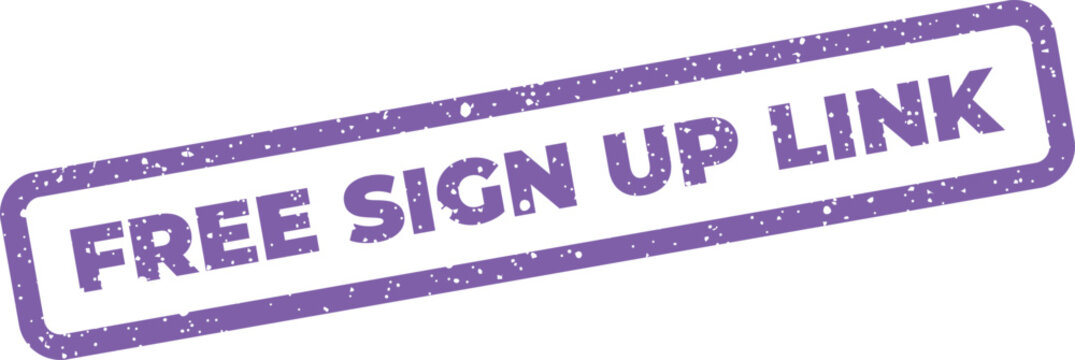 Distressed purple rubber stamp impression displaying the phrase free sign up link in a bold block font