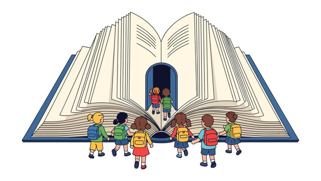 A World of Knowledge Opens: Children with backpacks gather around a giant open book, walking towards a glowing doorway within its pages, symbolizing the adventure of learning and imagination.