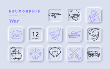 Obraz premium War set icon. Rifle helmet soldier explosion airplane tank skull grenade target parachute swords truck military line style neumorphic tiles.