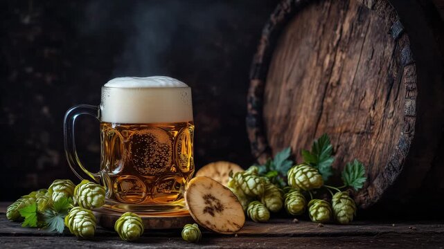 A craft beer brewing setup displays a mug of beer with fresh hops and wooden barrels in a rustic environment