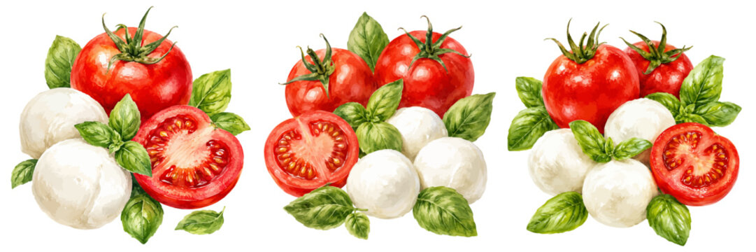 A fresh watercolor caprese ingredient set featuring ripe tomatoes, creamy mozzarella balls, and basil leaves illustrated in a refined culinary style.