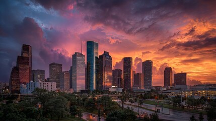 Fototapeta premium Houston city skyline with dramatic sunset sky, July fourth urban cityscape view 