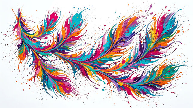 Vibrant colorful feather design with paint splatters isolated on white background