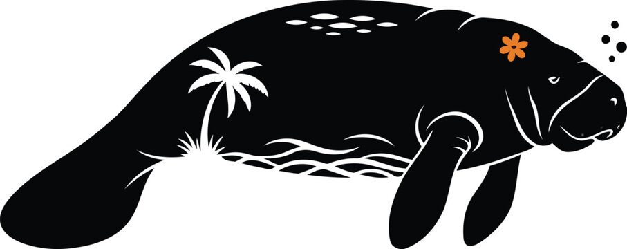 Black manatee with tropical design and hibiscus flower