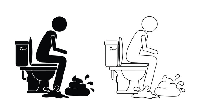 Man sitting on toilet with messy poop and water splash, black and white icon illustration