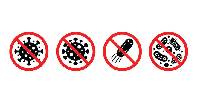 Set of four prohibition signs depicting viruses and bacteria with a red circle and a diagonal line indicating no entry