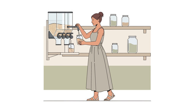 Woman filling jar with bulk food from dispenser in zero waste store