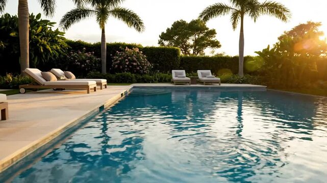 Luxurious poolside scene featuring sun loungers, refreshing drinks, and serene turquoise water surrounded by lush greenery and palm trees.