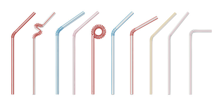Drinking straws collection vector illustration featuring various colorful plastic bendy tube shapes isolated.