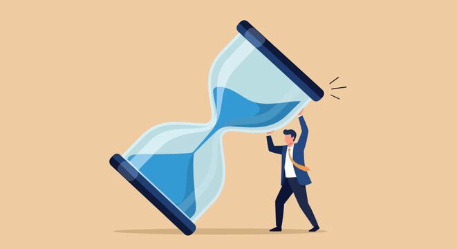 A determined businessman desperately tries to support a massive, tilting hourglass filled with blue liquid, perfectly illustrating the heavy burden and relentless pressure of managing tight deadlines