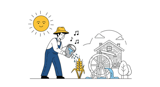 Cheerful farmer in a straw hat watering a single wheat plant with a bucket near a wooden water mill under a bright and happy smiling sun.