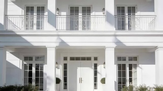 Shifting sunlight moving diagonal shadows across white house facade at home, revealing double doors